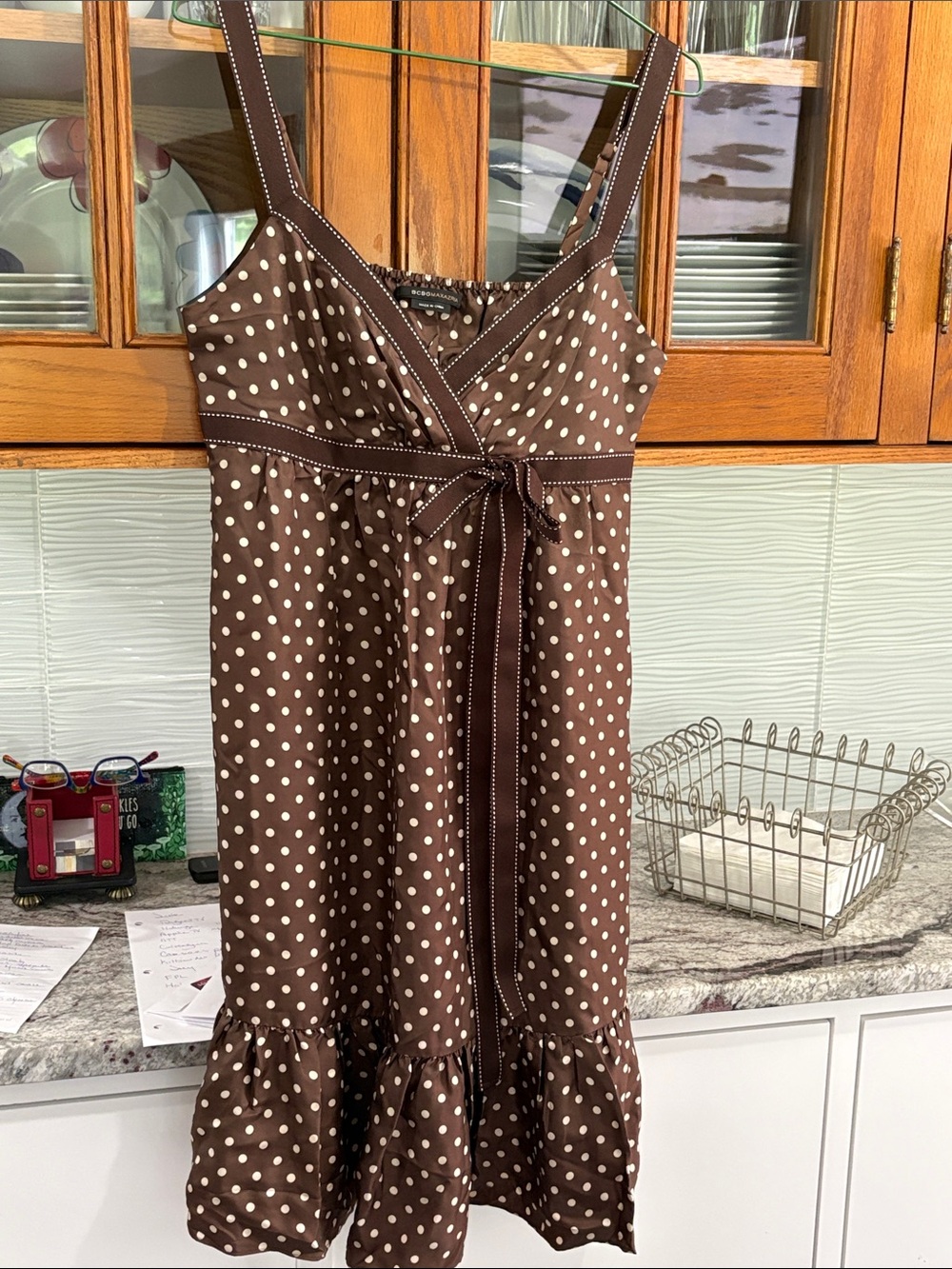 BCBGMaxAzria Brown Polka Dot Tie-Front Midi Dress